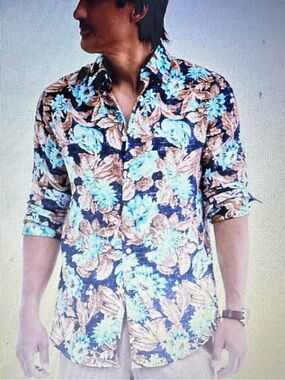 Club Room Men's Floral Button-Down Shirt in Blue & Brown Linen